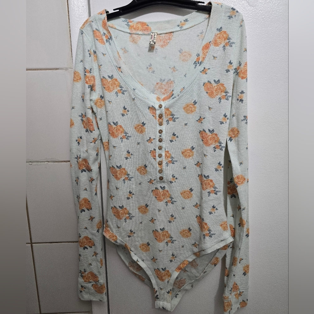 Free People Floral Print Bodysuit in Blue and Orange